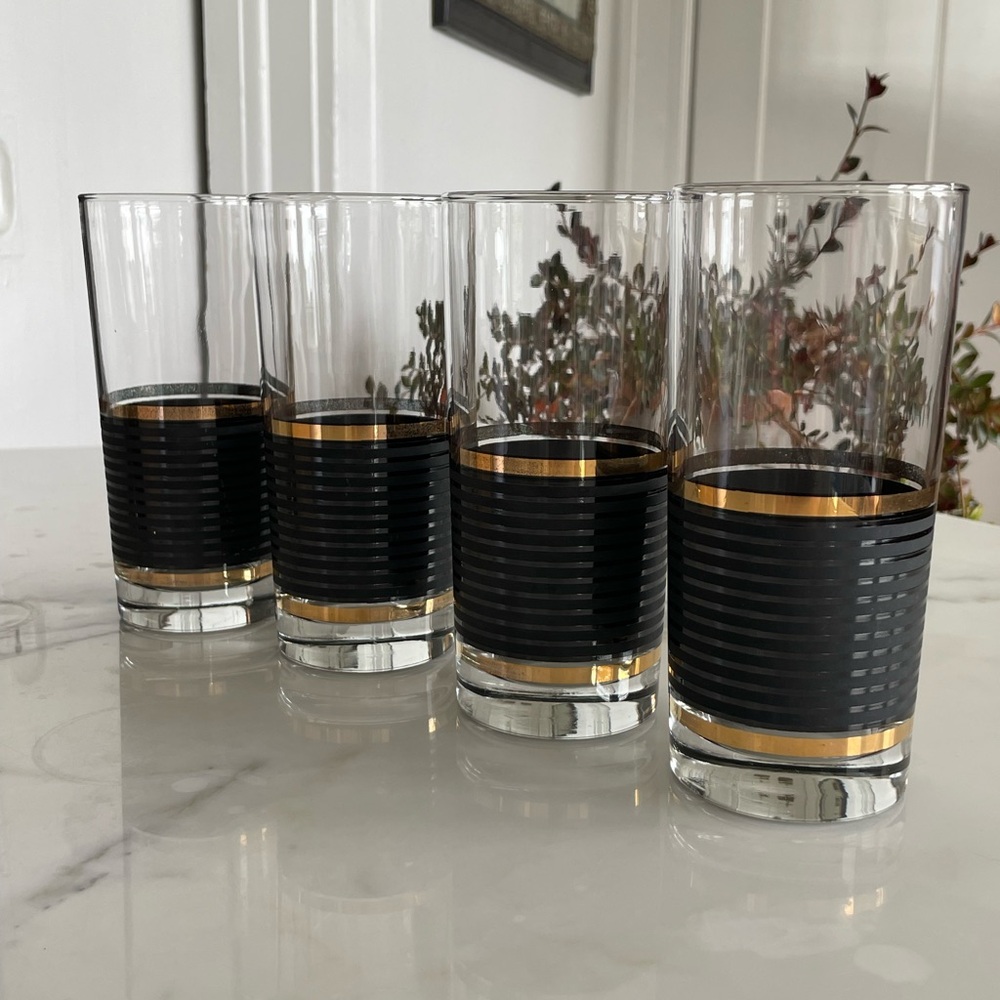VINTAGE Barware. Hi Ball Glasses with Gold and Black Stripes
